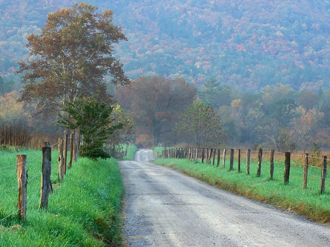 The Cades Cove Loop Road crossing the mountain valley